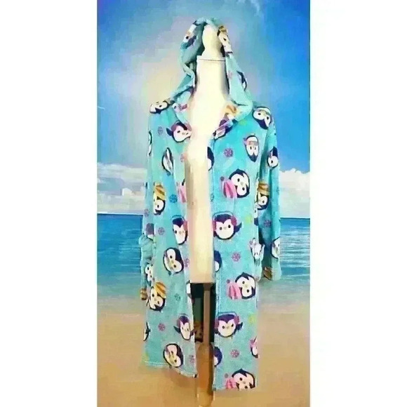KOMAR KIDS Girls TEAL AQUA BLUE Bathrobe SOFT Dressing Gown FUZZY HOODIE size Lg - Picture 3 of 7